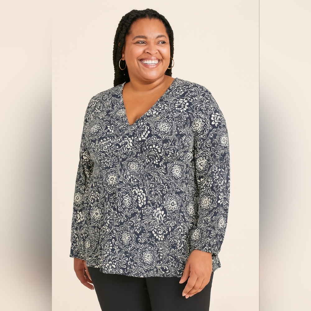 Avenue Plus Size Black and Cream Patterned Women Top